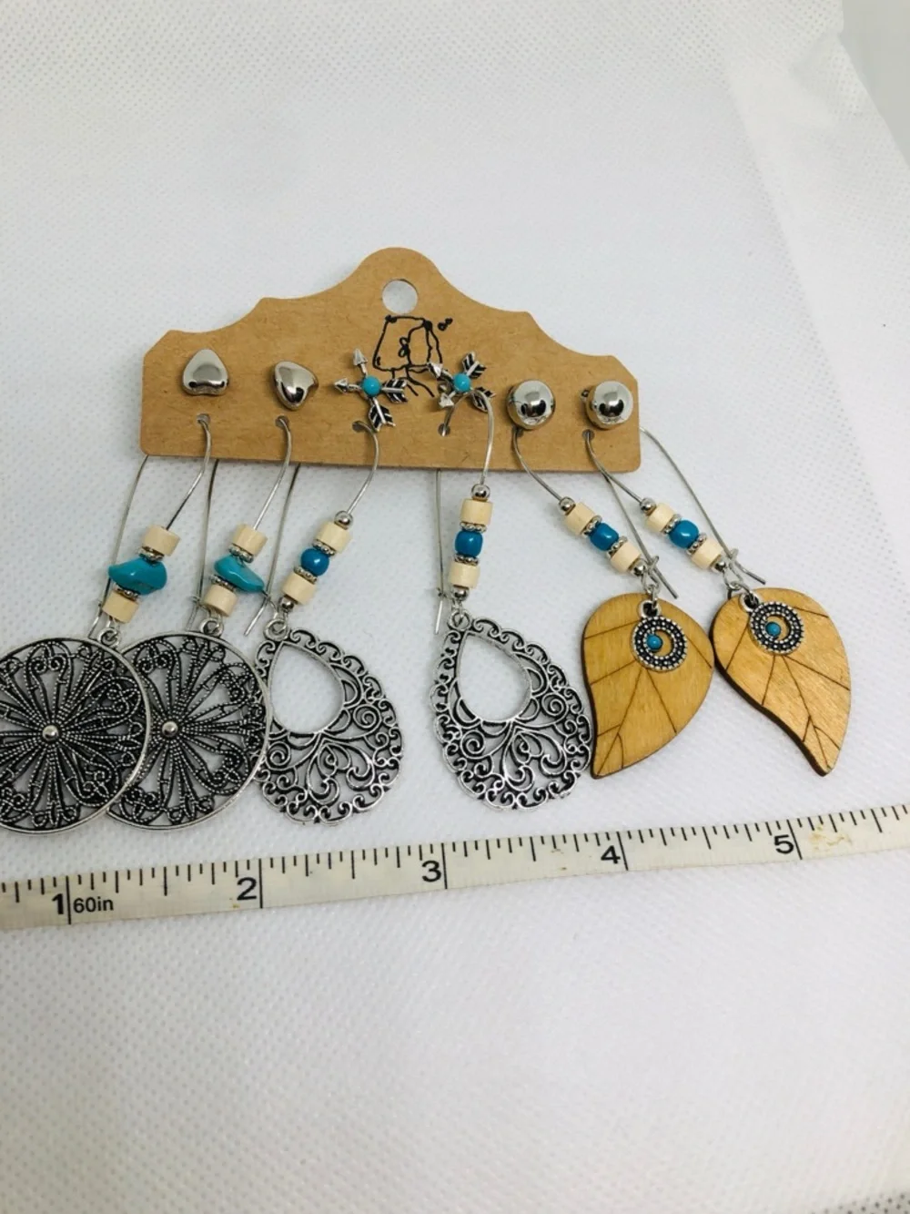 Boho Turquoise Silver and Wood Leaf Earring Set - Women Jewelry